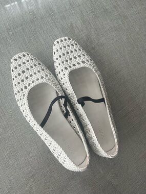 Vince Woven White Ballet Flats with Black Elastic Strap